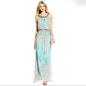 Vince Camuto Maxi Turquoise dress Gold beaded neck